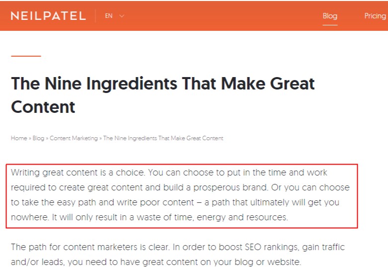 Screenshot: Neil Patel - The Nine Ingredients That Make Great Content