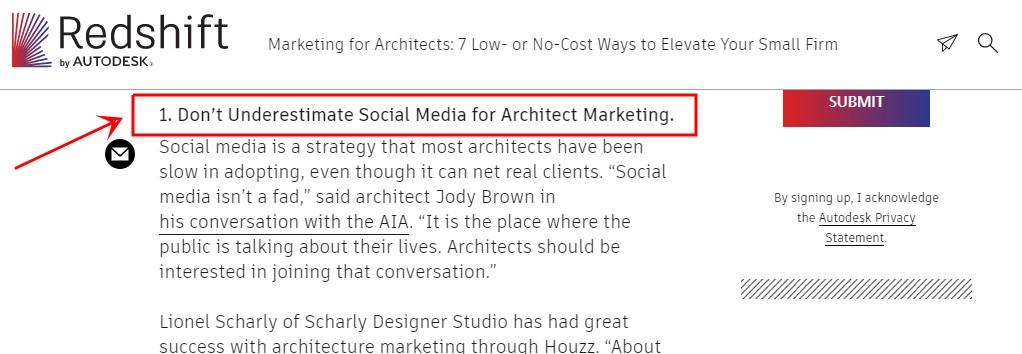 Screenshot: Marketing for Architects: 7 Ways to Elevate Your Small Firm - https://www.autodesk.com/redshift/marketing-for-architects-7-low-or-no-cost-ways-to-elevate-your-small-firm/